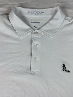 B. Draddy White Performance Golf Polo Shirt Squirrel Logo